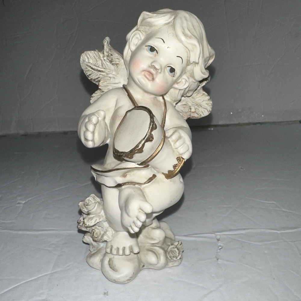 Heavenly Angel Cherub Playing Drum Figurine Cute 6x3 Resin Gift Shelf Decor